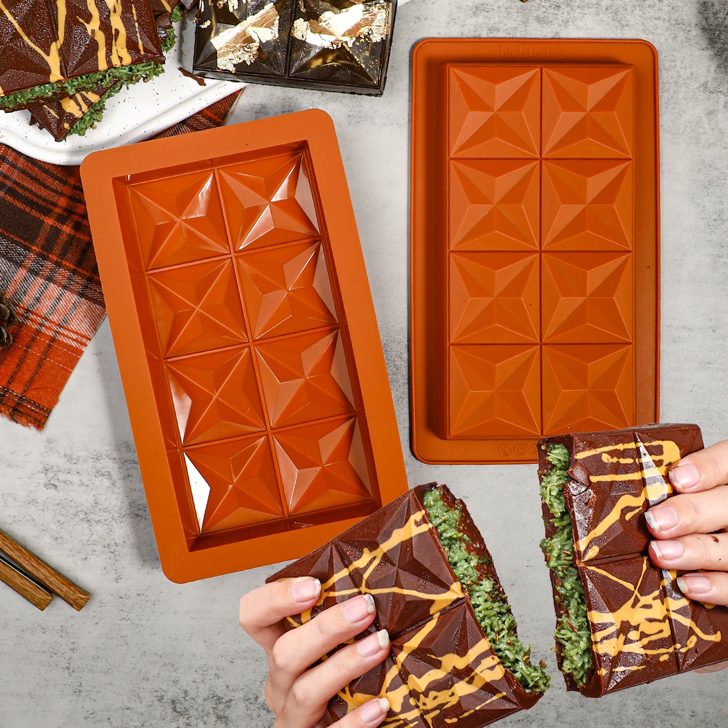 Webake 1 Inch Deep Dubai Chocolate Bar Mold Deep with Diamond Shapes, Silicone Large Stuffed Chocolate Bar Mold Thick, Big Chocolate Candy Bar Mold for Filling Knafeh Pistachio, Pack of 2