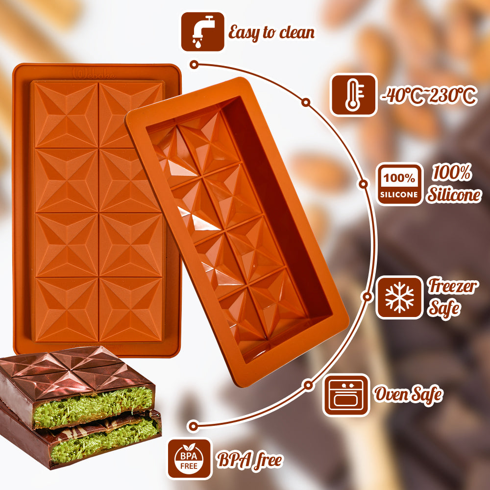 Webake 1 Inch Deep Dubai Chocolate Bar Mold Deep with Diamond Shapes, Silicone Large Stuffed Chocolate Bar Mold Thick, Big Chocolate Candy Bar Mold for Filling Knafeh Pistachio, Pack of 2