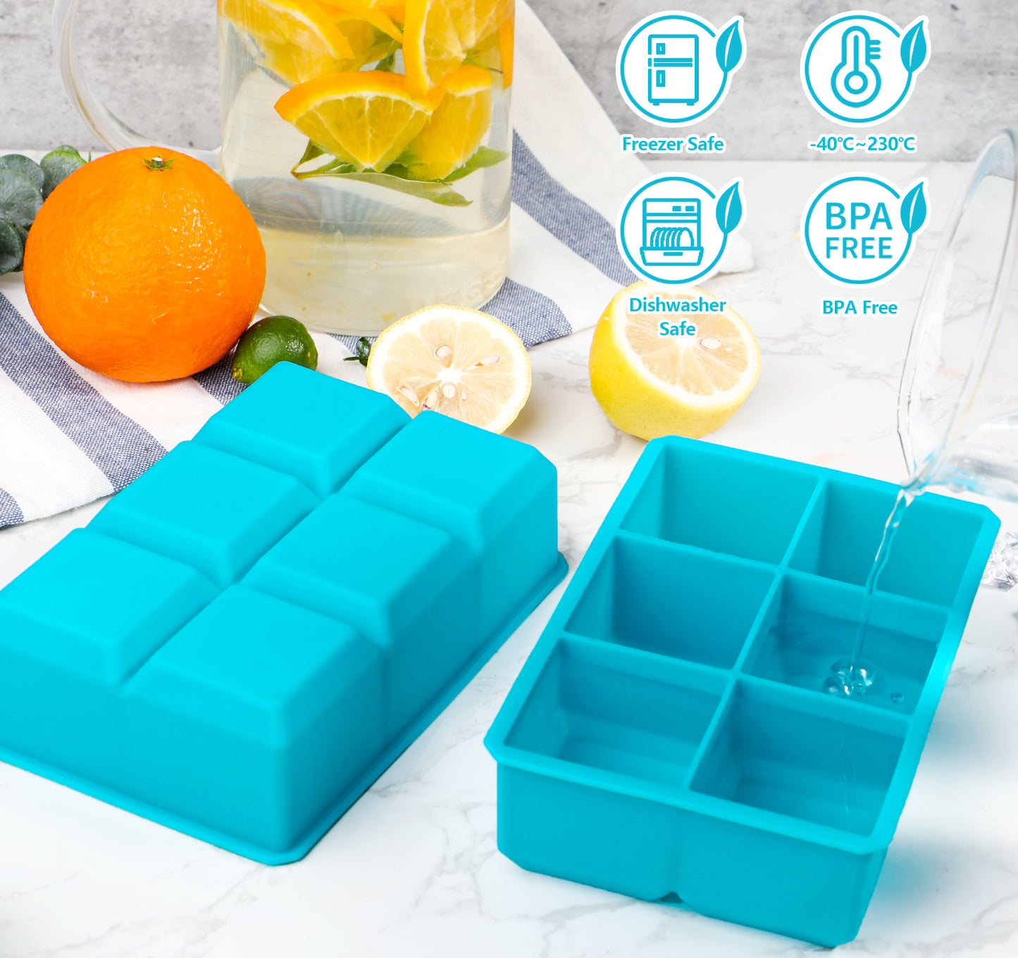 Webake 2 Inch blue square silicone whiskey ice cube tray mold,Pack of 2
