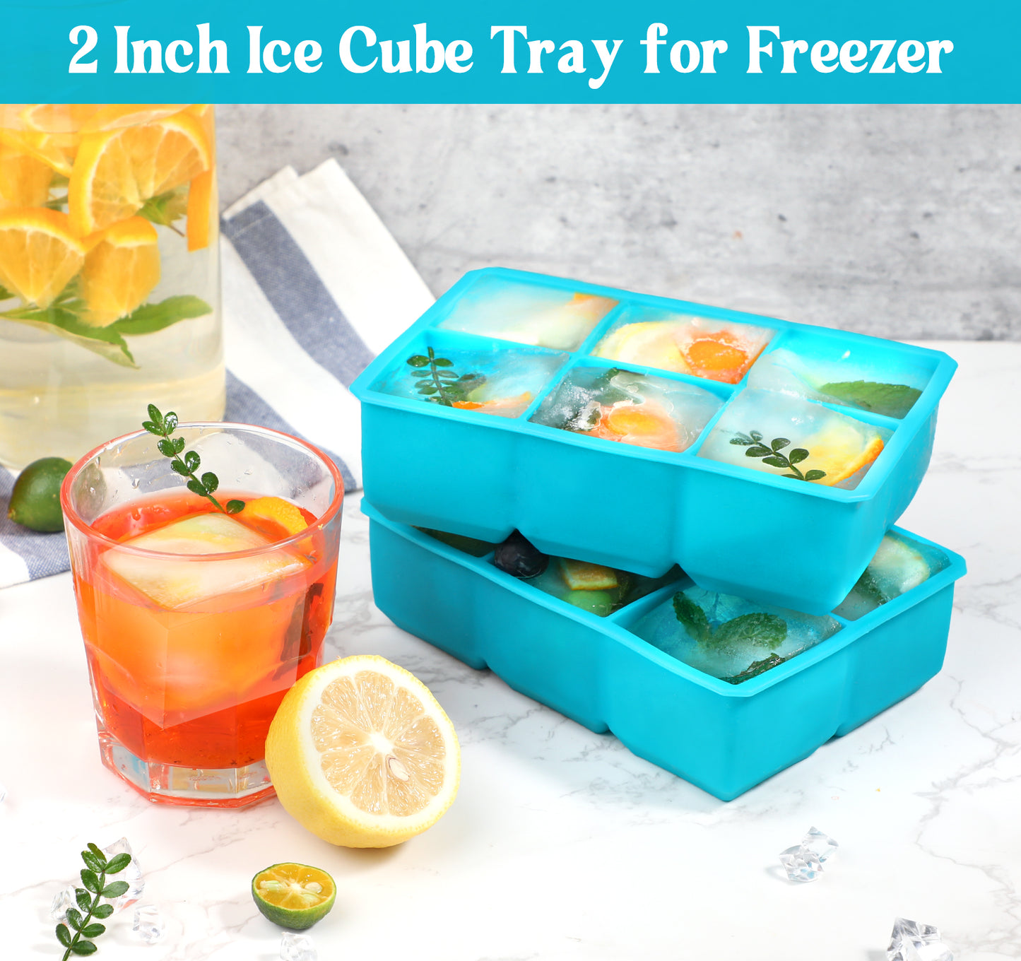 Webake 2 Inch blue square silicone whiskey ice cube tray mold,Pack of 2