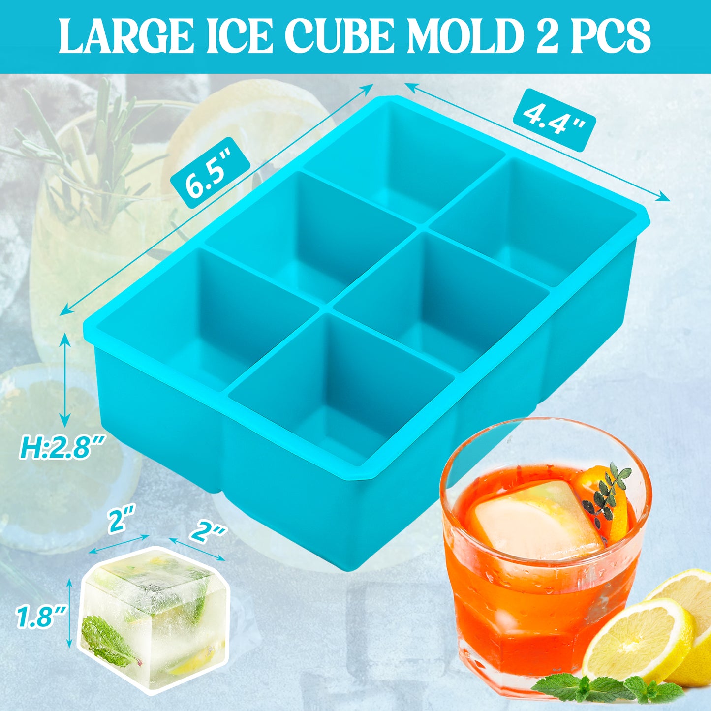 Webake 2 Inch blue square silicone whiskey ice cube tray mold,Pack of 2