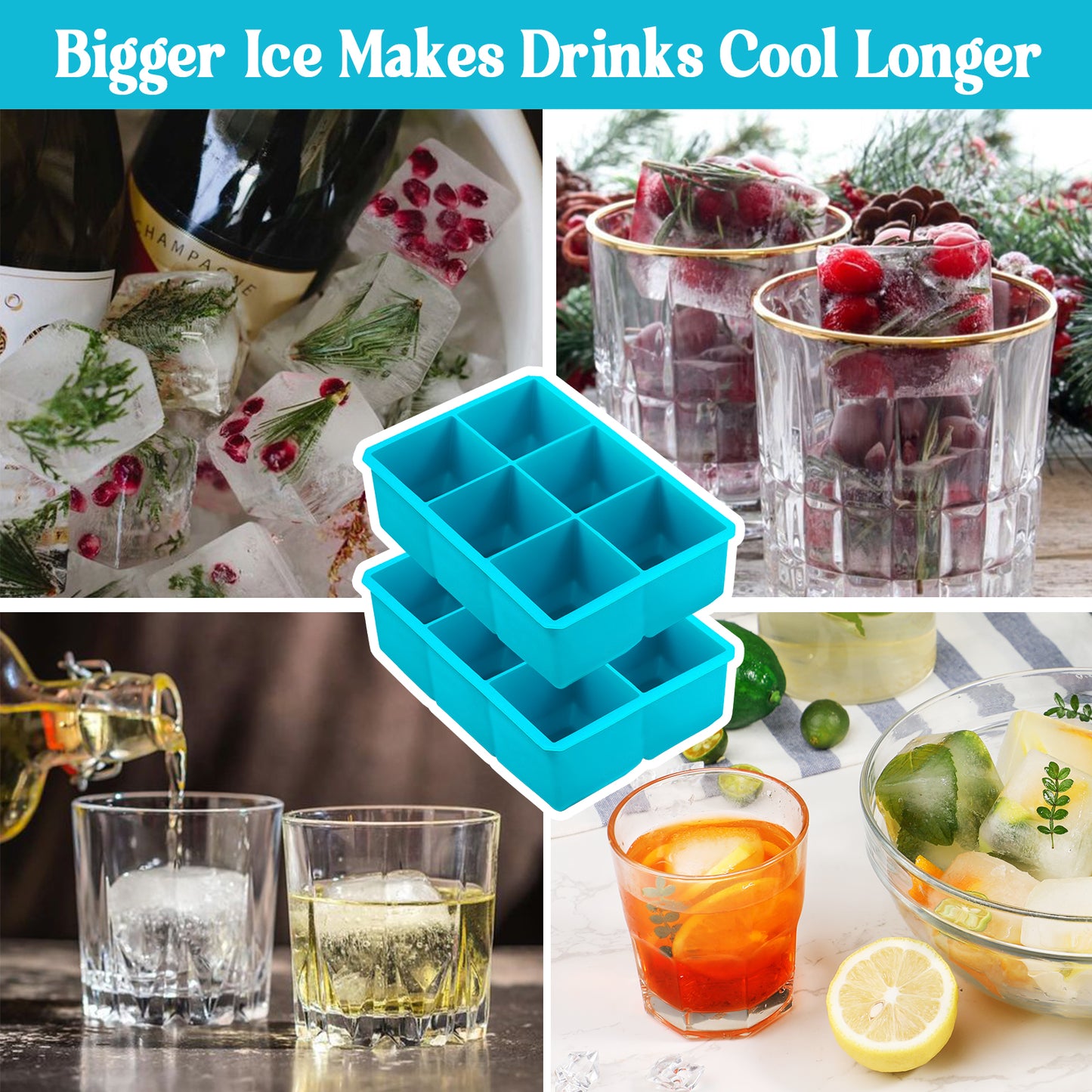 Webake 2 Inch blue square silicone whiskey ice cube tray mold,Pack of 2