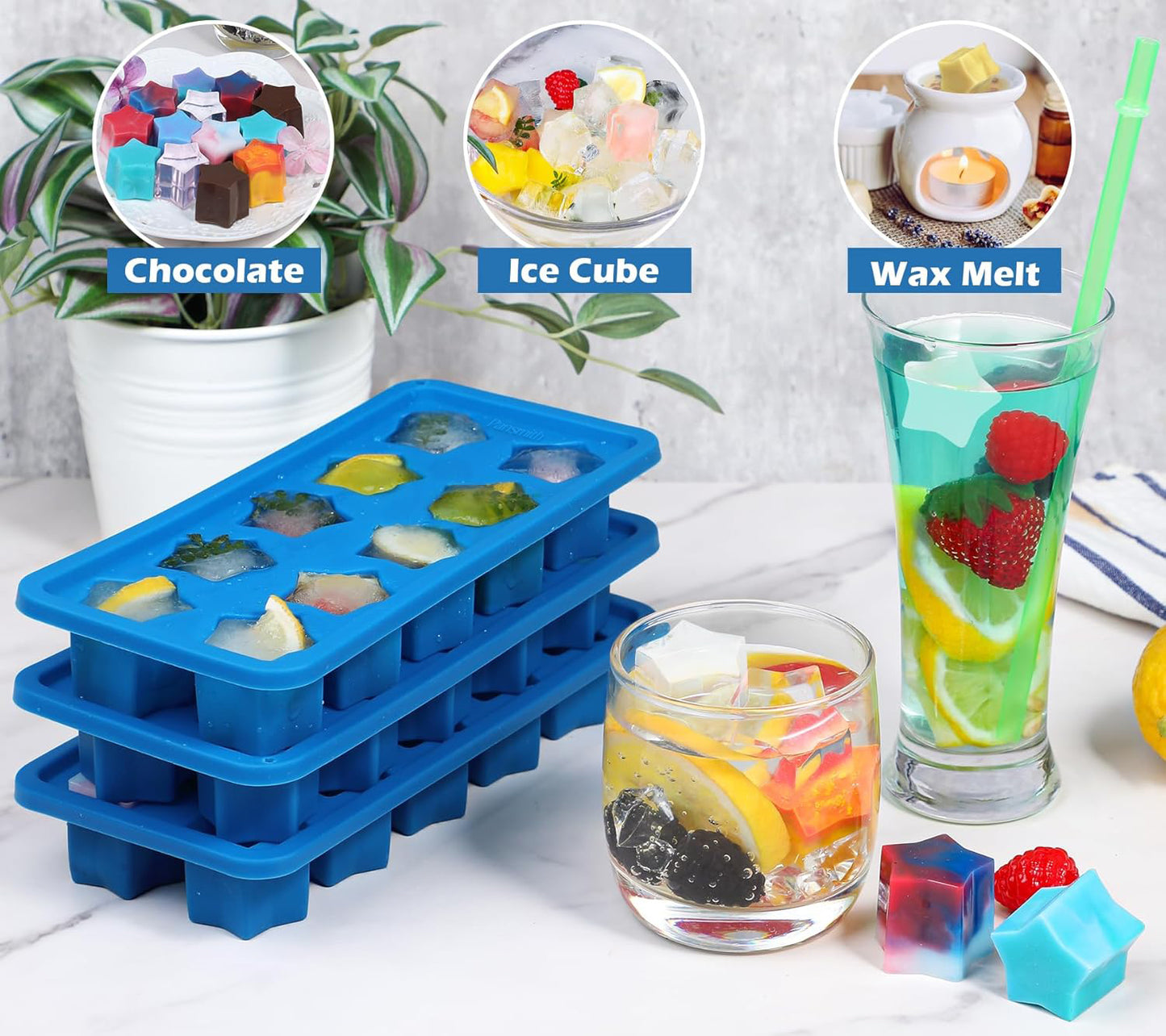 Silicone Ice Cube Trays Star Shaped Ice Cube Molds for Whiskey and Cocktails, Easy Release Jelly Crayon Mold Pack of 3 Blue
