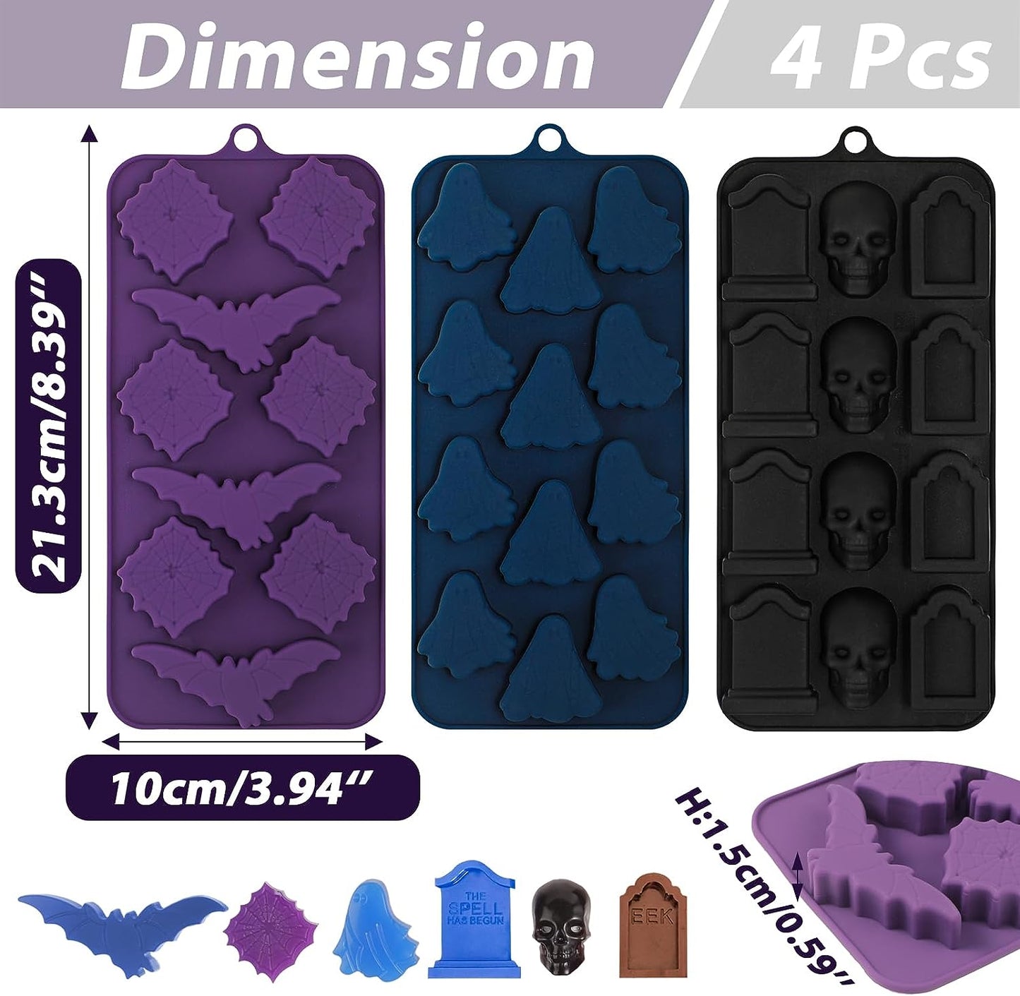 Webake Silicone Halloween Candy Mold with Pumpkin Skull and Tombstone Ghost Bat and Spider (4pcs)