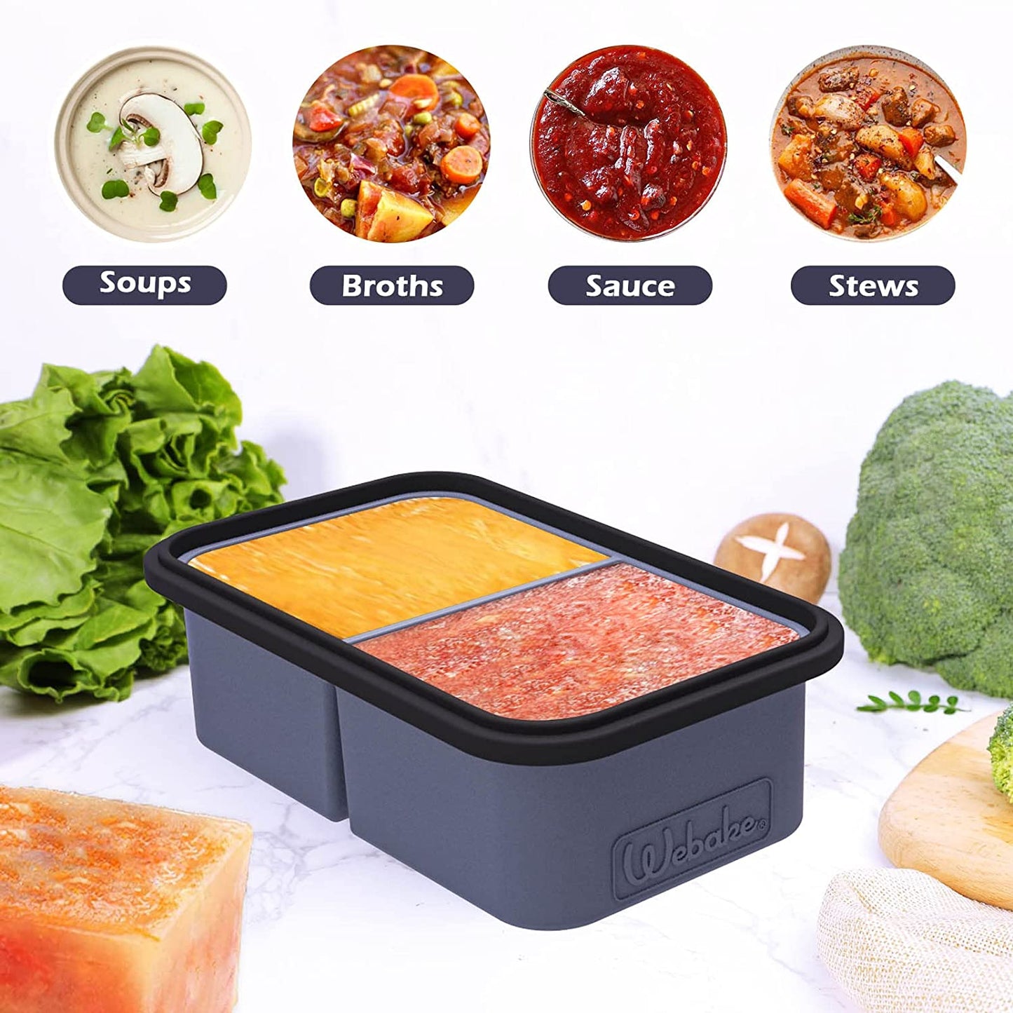 Webake 2 Cup Silicone Ice Cube Freezer Tray Food Container for Soup