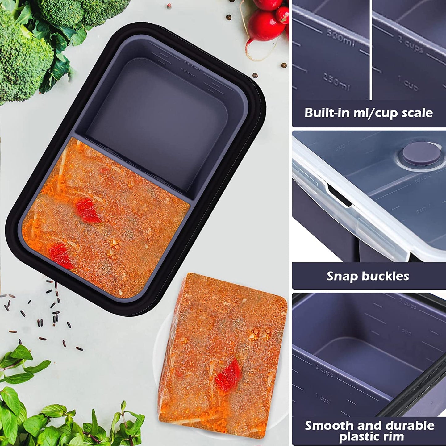 Webake 2 Cup Silicone Ice Cube Freezer Tray Food Container for Soup
