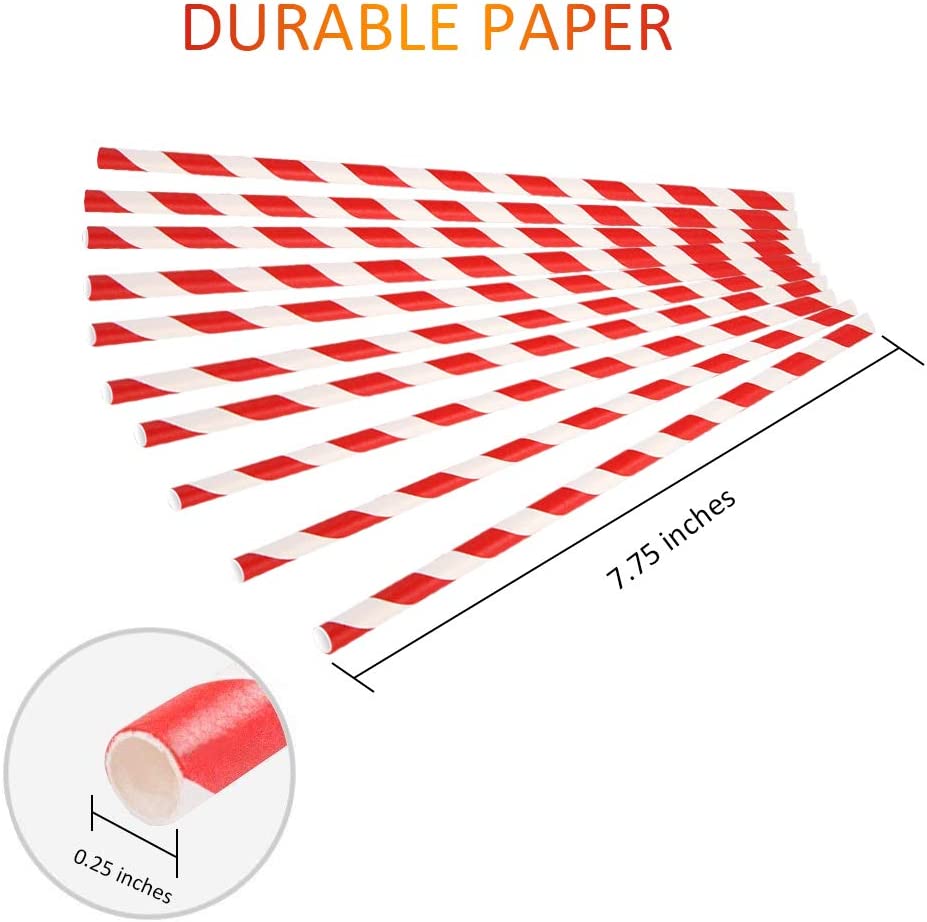 Webake 7.75x0.25 Inch Red Striped Drinking disposable Straws (200 Pack)