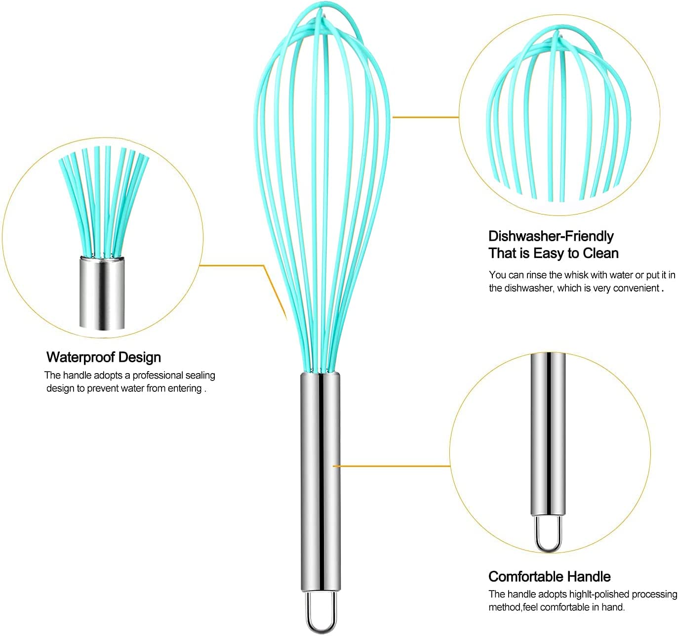 Webake 8 inch and 10 inch balloon nonstick egg beater silicone whisk with stainless steel handle,Set of 4