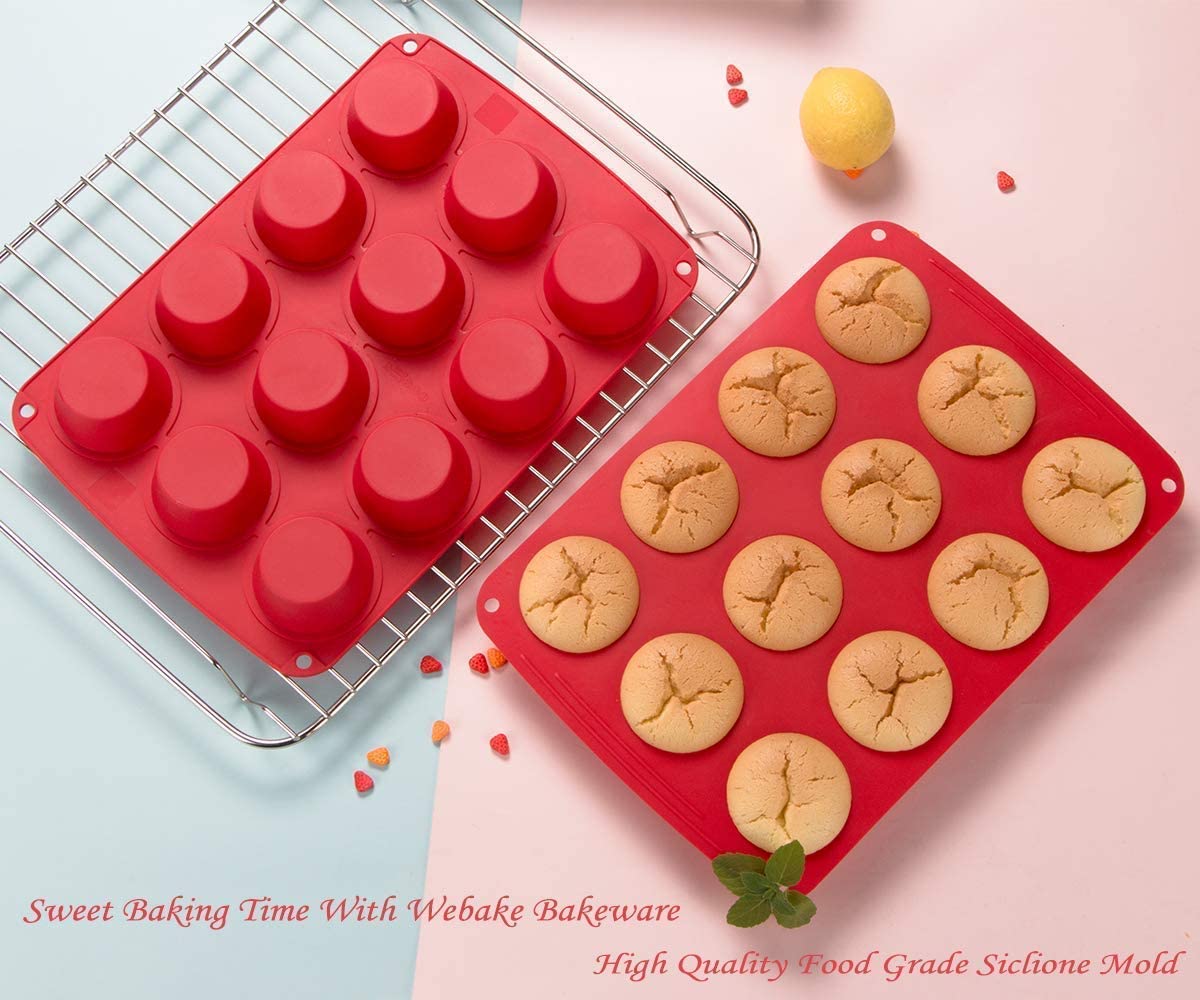 Webake 12 Cup Silicone Nonstick Muffin Tray Pan (2 Pack)