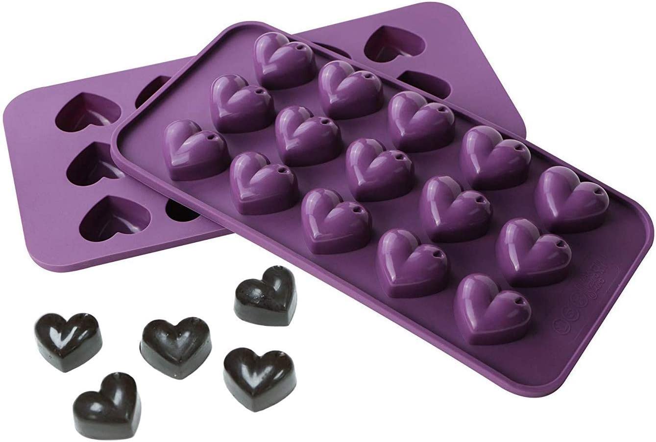 Webake Silicone 15 Cavity Silicone Heart Candy Chocolate Mold,Pack of 2 (Purple)