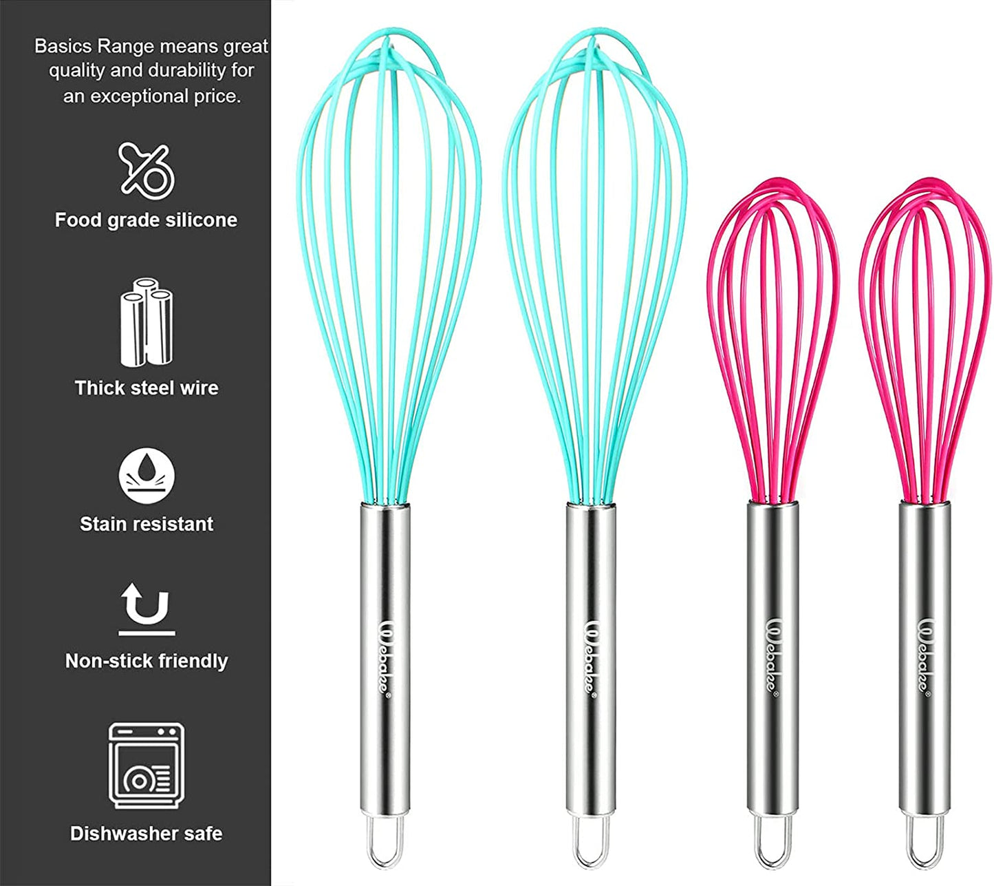 Webake 8 inch and 10 inch balloon nonstick egg beater silicone whisk with stainless steel handle,Set of 4