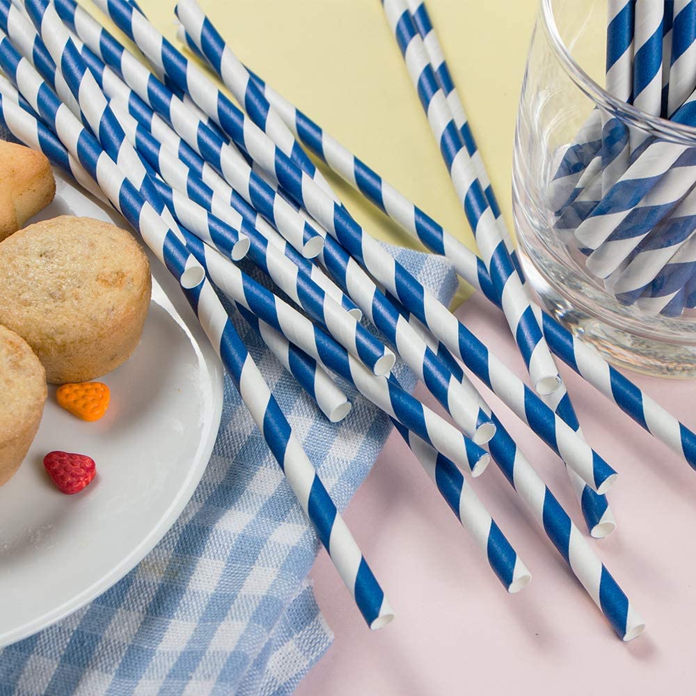 Webake 7.75x0.25 Inch Biodegradable Blue Striped Disposable Flavored Milk Straws (144 Pack)