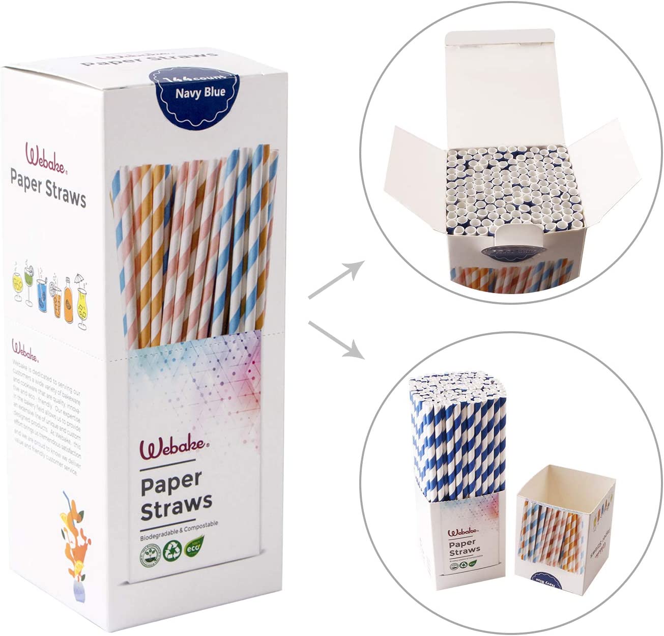 Webake 7.75x0.25 Inch Biodegradable Blue Striped Disposable Flavored Milk Straws (144 Pack)
