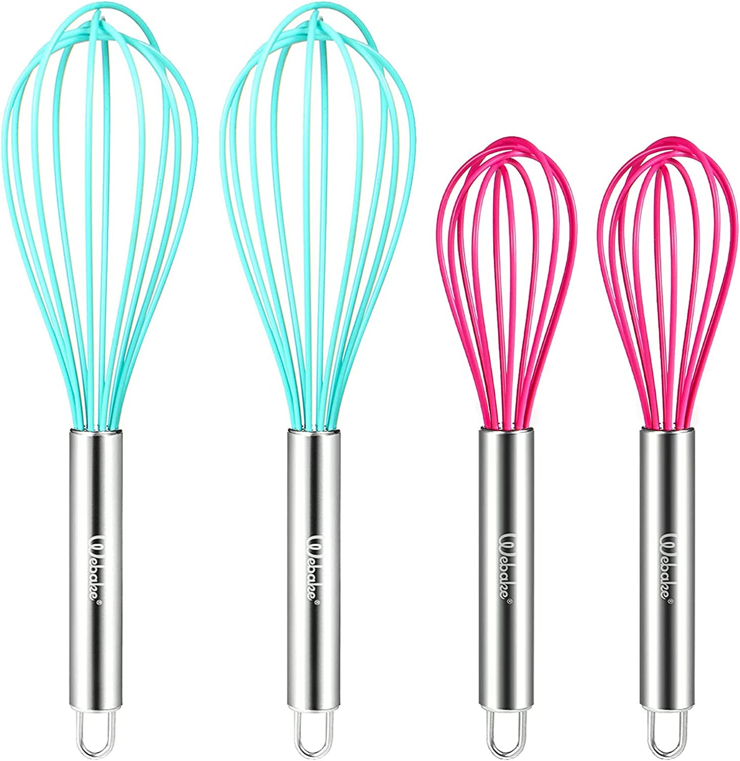 Webake 8 inch and 10 inch balloon nonstick egg beater silicone whisk with stainless steel handle,Set of 4