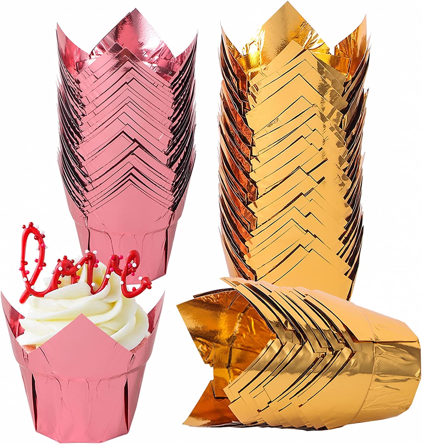 Webake 3.5 Ounce Disposable Rose Gold Tulip Aluminum Foil Cupcake Liners (100pcs)