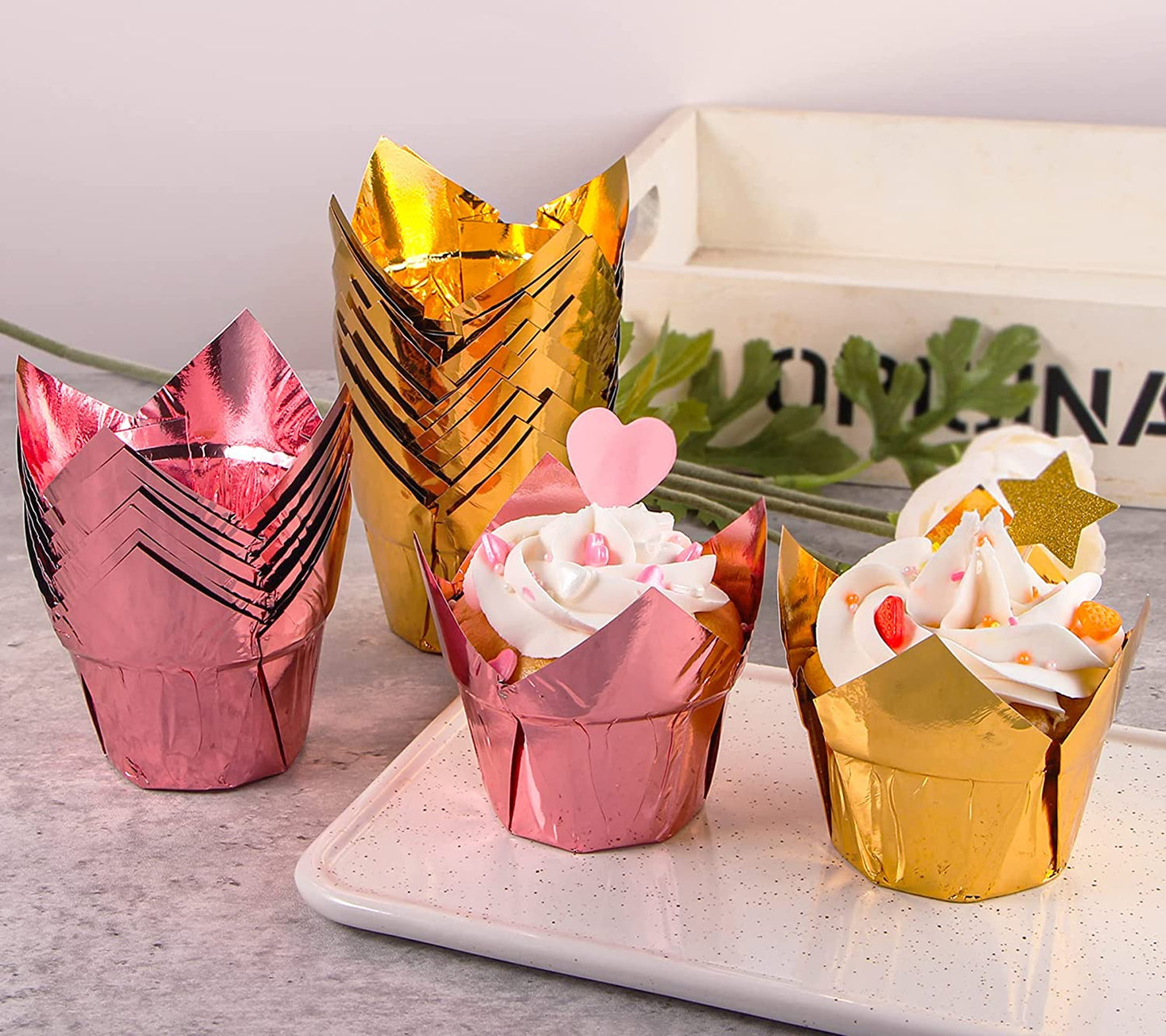 Webake 3.5 Ounce Disposable Rose Gold Tulip Aluminum Foil Cupcake Liners (100pcs)