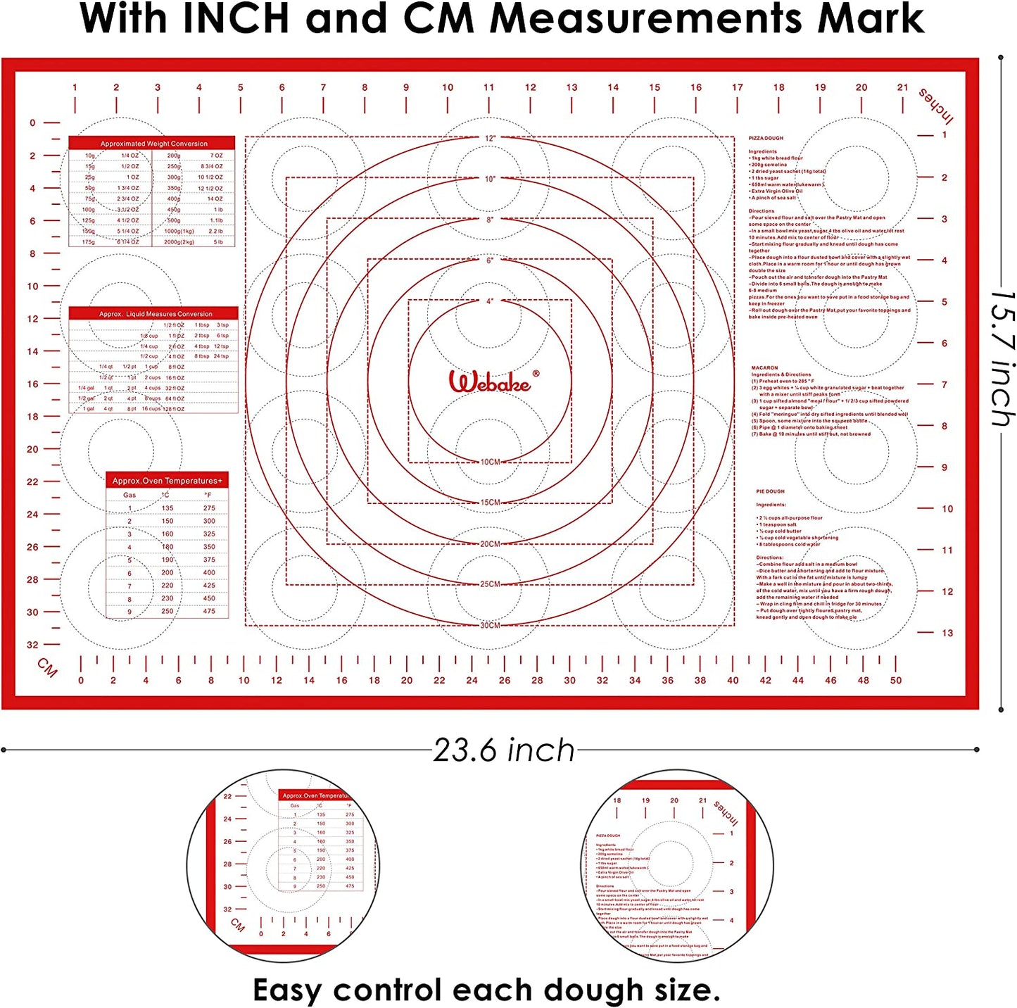 Webake 24 x 16 Inch large silicone non stick macaron pastry mat with measurements