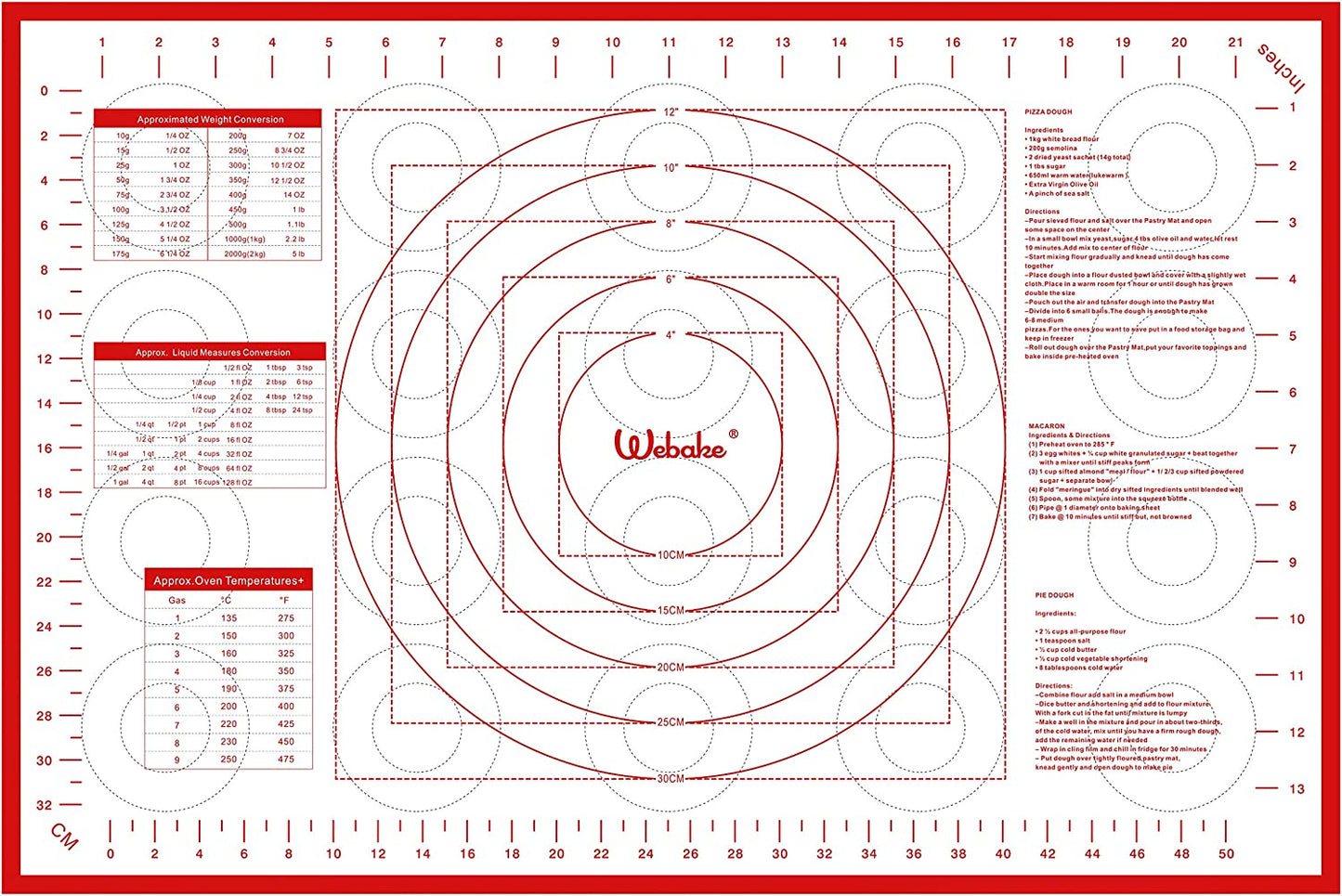 Webake 24 x 16 Inch large silicone non stick macaron pastry mat with measurements