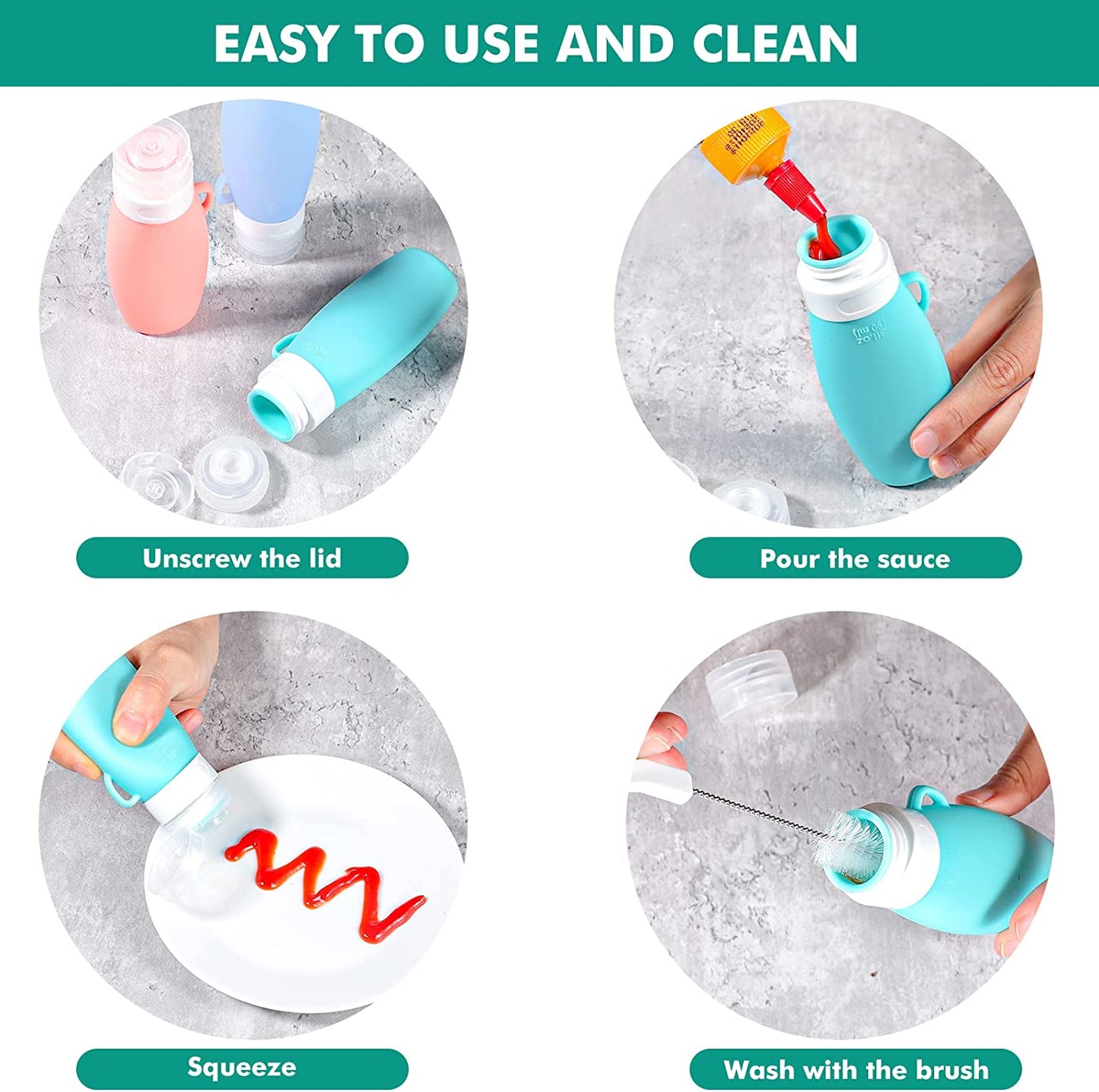 Webake 3oz squeeze salad dressing bottles with 2 cleaning brush (4 pack)