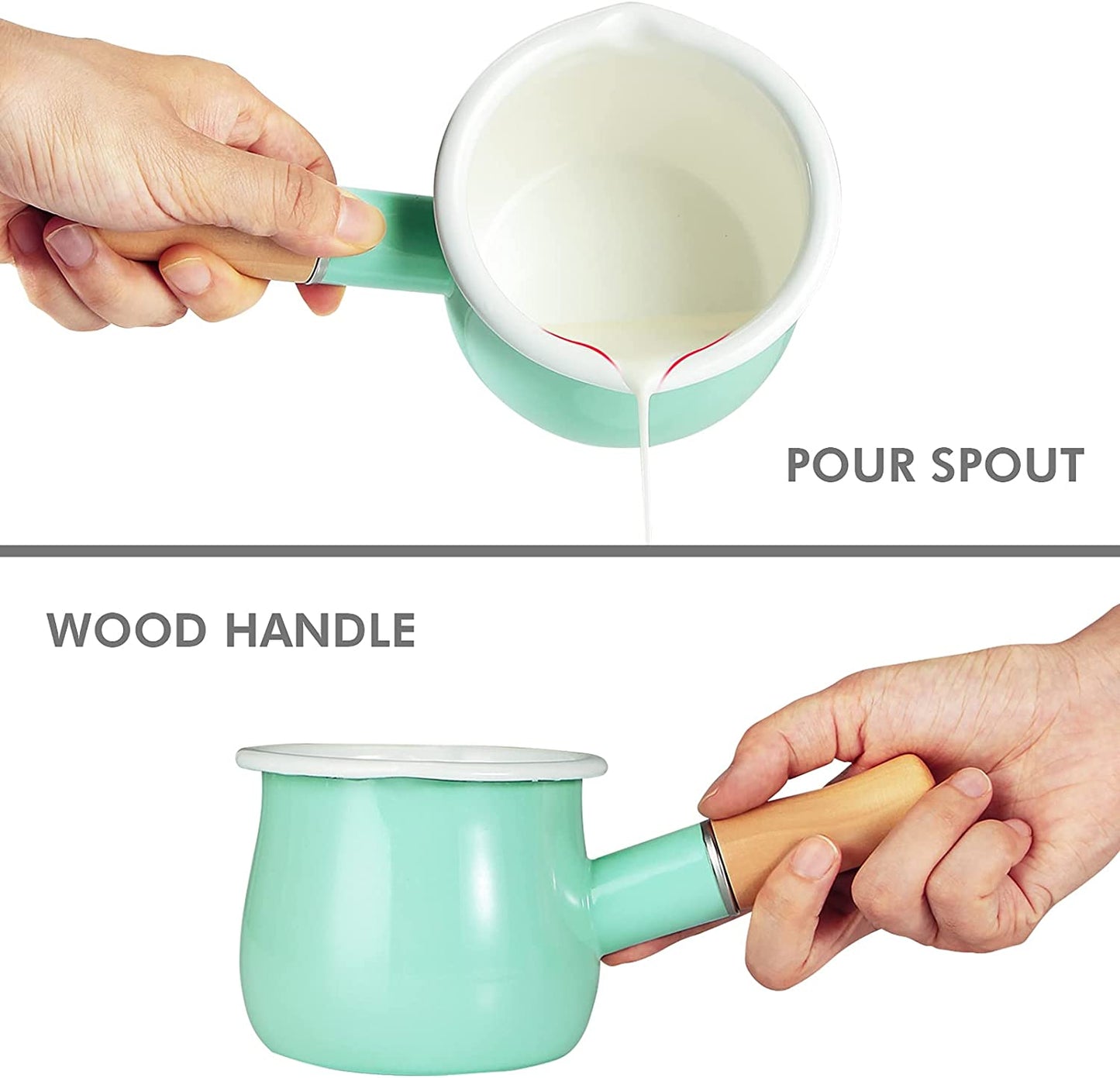 Webake 4 Inch 550ml half quart saucepan small enamelware cups with wooden handle