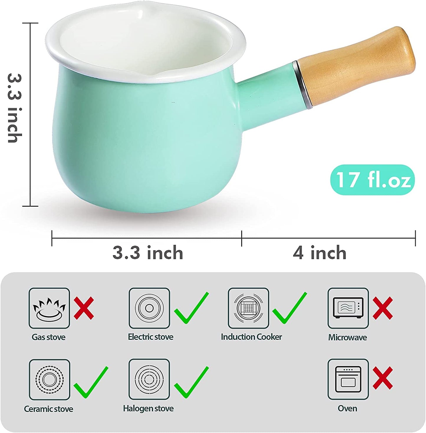 Webake 4 Inch 550ml half quart saucepan small enamelware cups with wooden handle