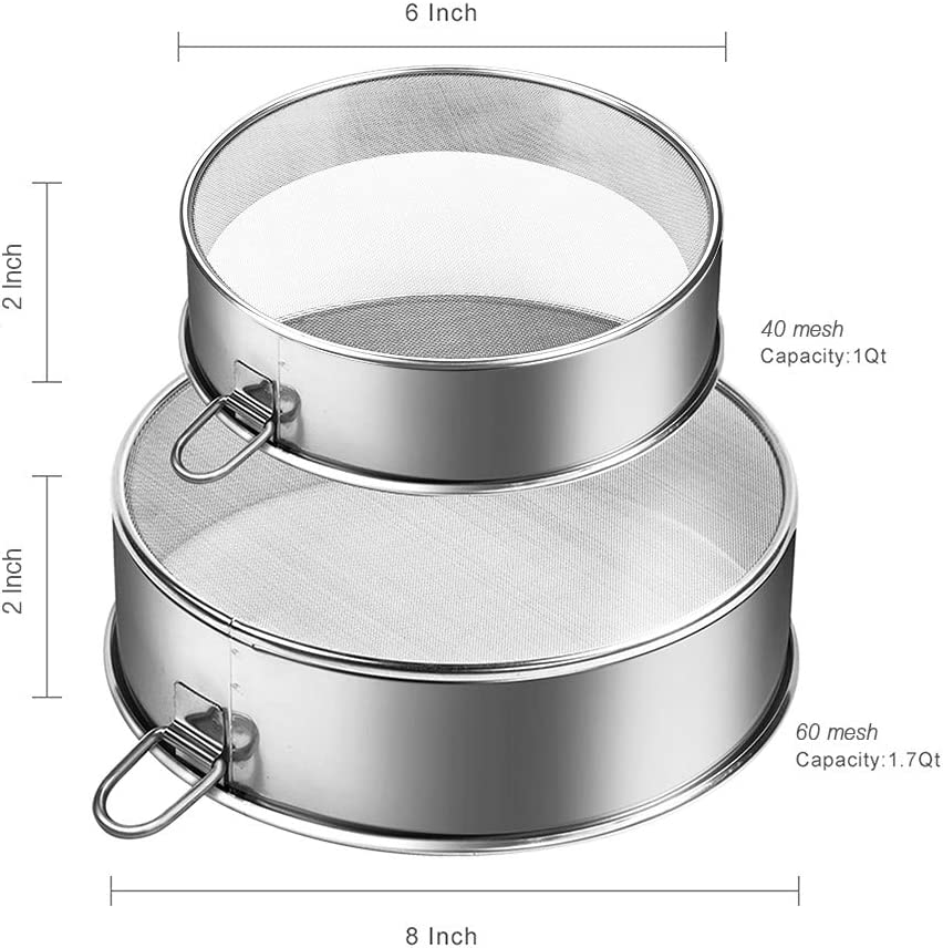 Webake 6-Inch 8-Inch Stainless Steel Sifter Round Flour Sieves Fine Mesh Strainer,Set of 2 (Silver)