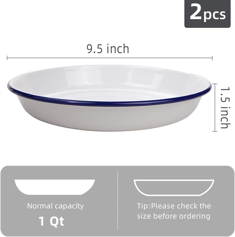Webake 9.5 inch enamel plates 2 pack salad pasta bowls white body with blue rim
