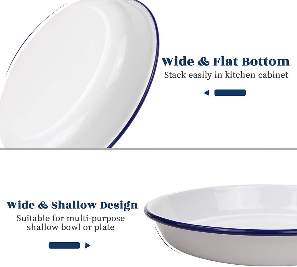 Webake 9.5 inch enamel plates 2 pack salad pasta bowls white body with blue rim