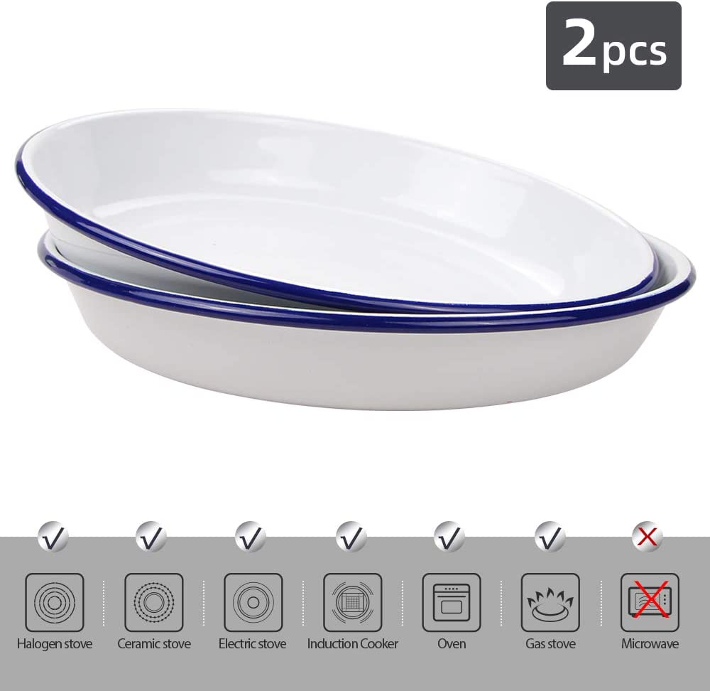 Webake 9.5 inch enamel plates 2 pack salad pasta bowls white body with blue rim