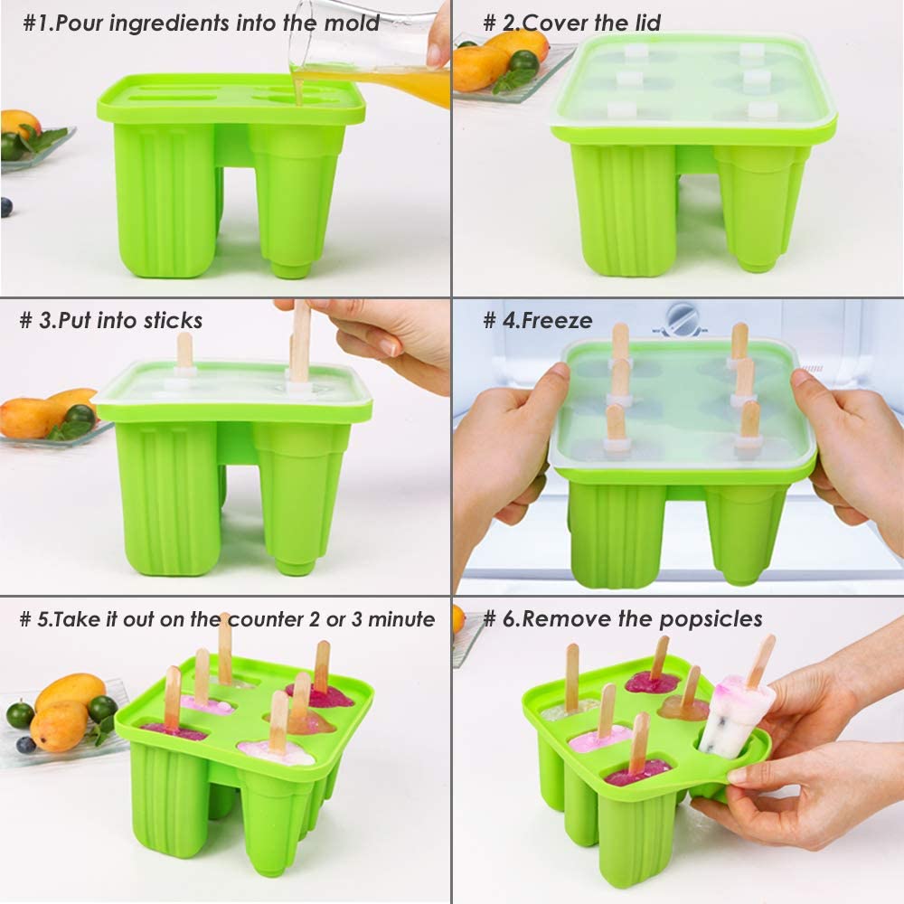 Webake 6 Cavity Ice Cream Frozen silicone Popsicle molds (50 Wooden Sticks)