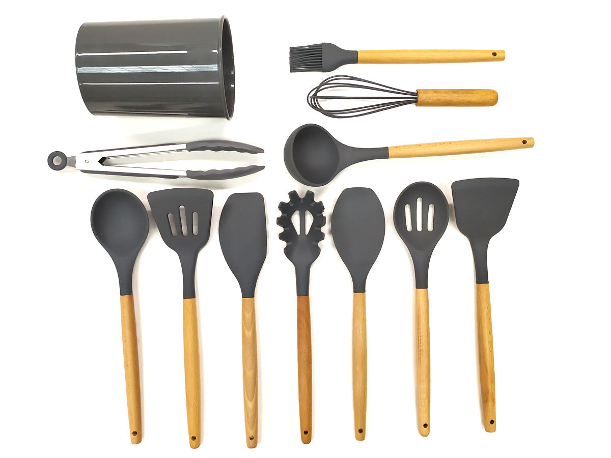 Webake Wooden Handle Silicone Non Stick Kitchen Cooking Utensils Set with Holder