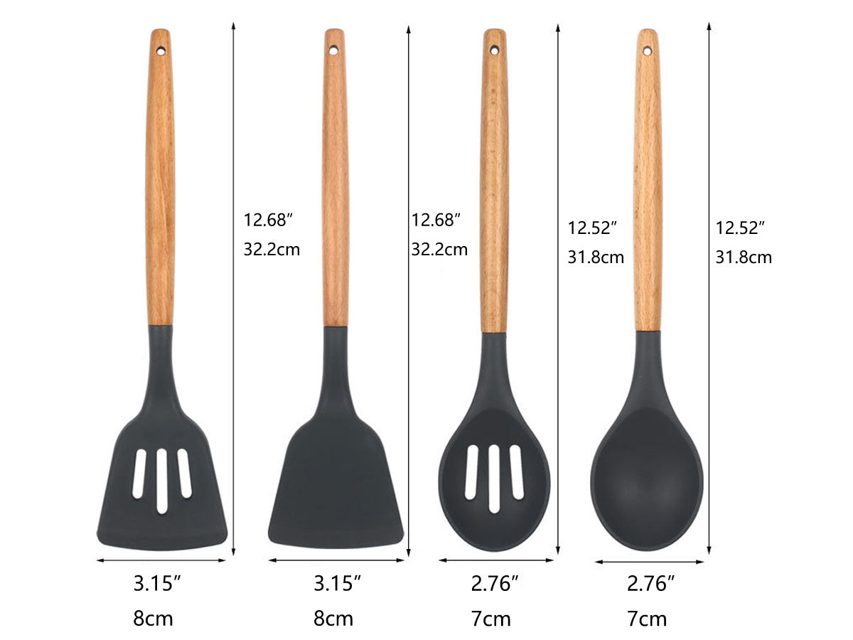 Webake Wooden Handle Silicone Non Stick Kitchen Cooking Utensils Set with Holder