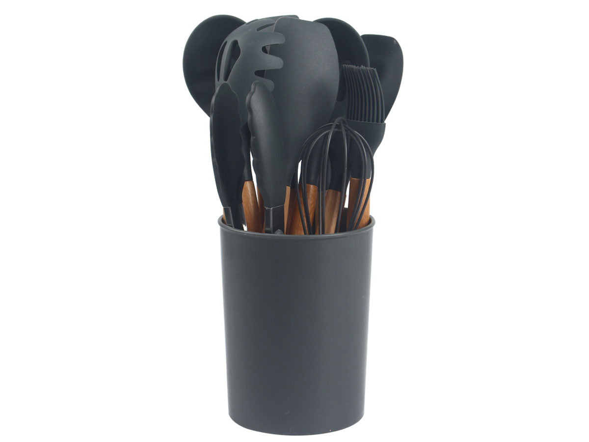 Webake Wooden Handle Silicone Non Stick Kitchen Cooking Utensils Set with Holder
