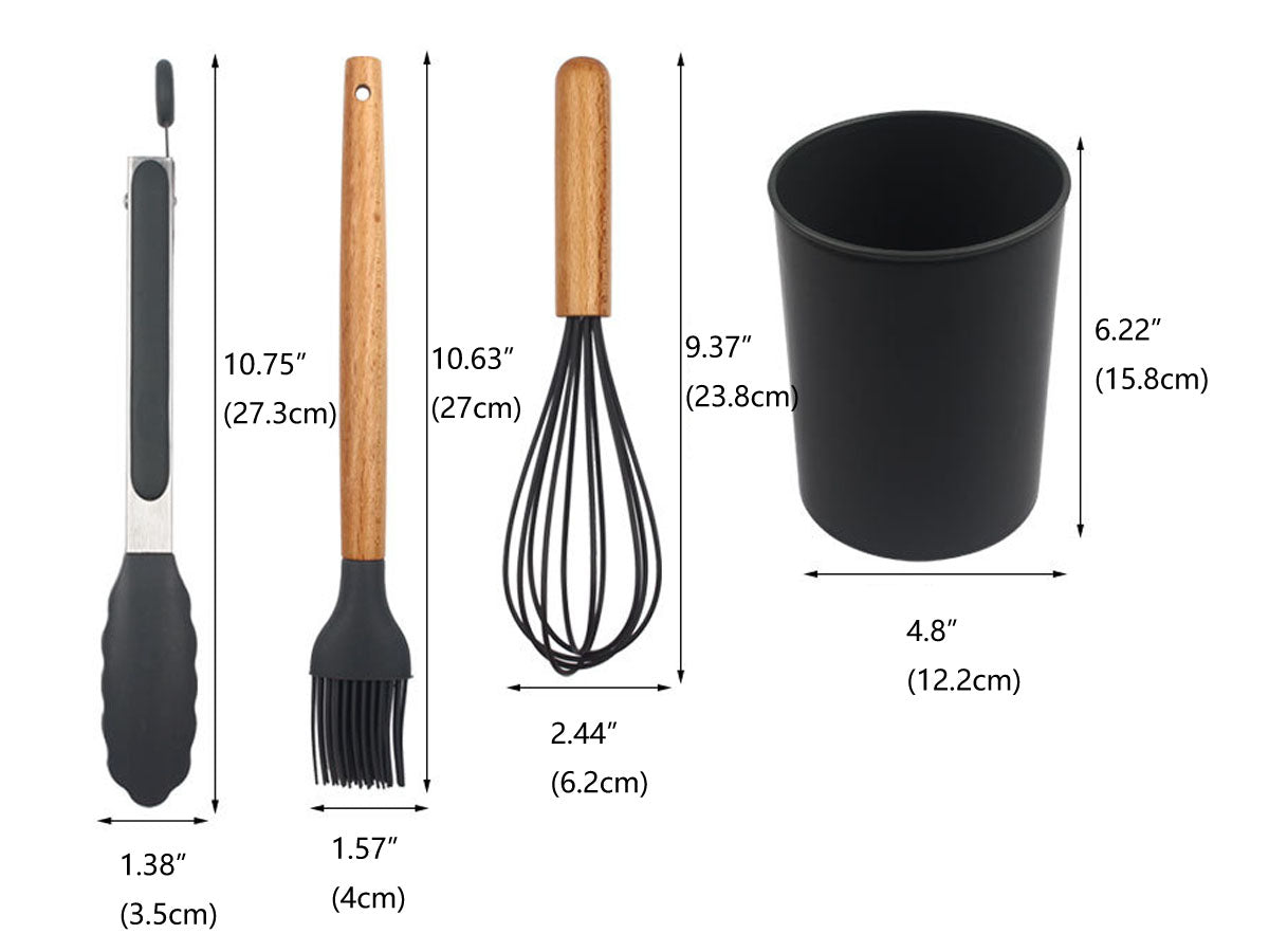 Webake Wooden Handle Silicone Non Stick Kitchen Cooking Utensils Set with Holder