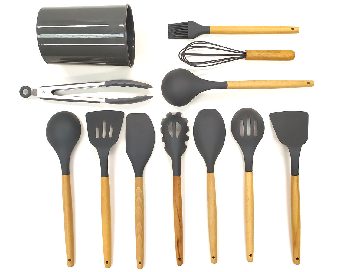 Webake Wooden Handle Silicone Non Stick Kitchen Cooking Utensils Set with Holder