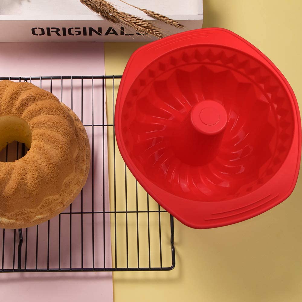 Webake red 9 inch silicone bundt cake mold non stick fluted pan