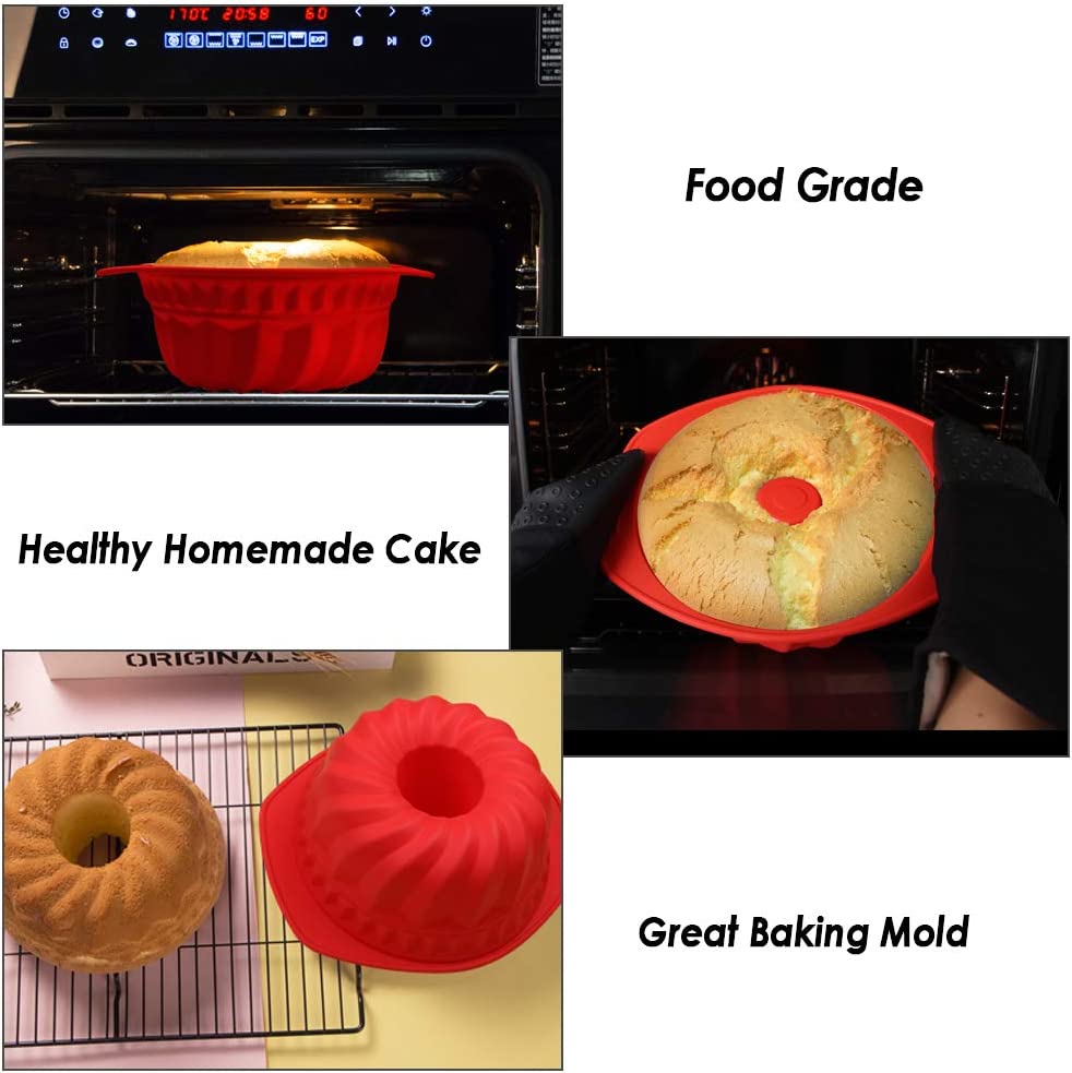 Webake red 9 inch silicone bundt cake mold non stick fluted pan
