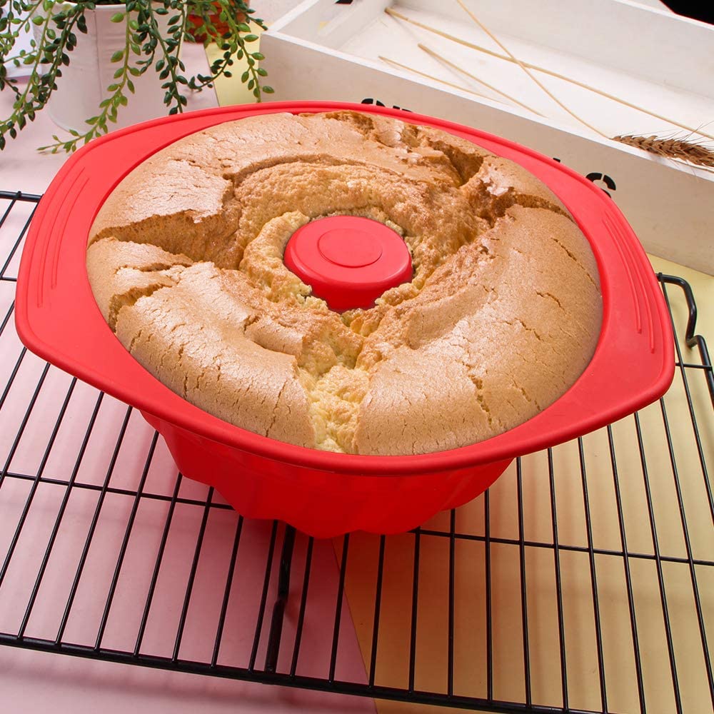 Webake red 9 inch silicone bundt cake mold non stick fluted pan