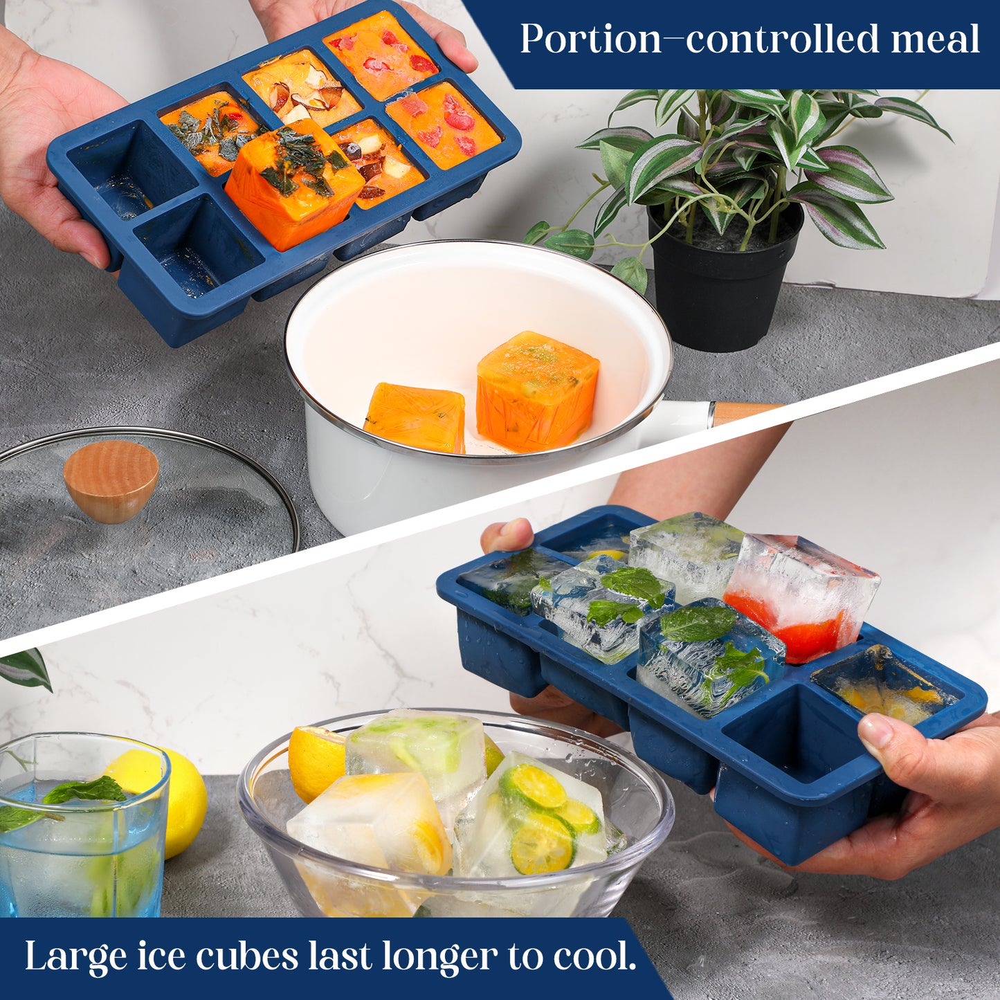 Webake 1/2 Cup Silicone Freezer Tray with Lids, 8-Grid Square Ice Cube Mold, Ideal for Prep & Portion, Large Ice Cube, Storage Soup, Snack, Broth, Leftovers, Pack of 2