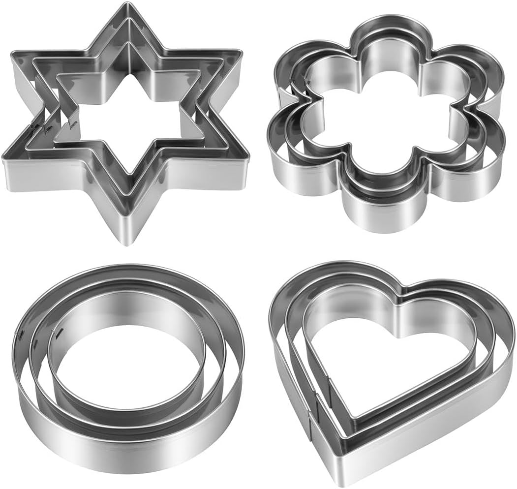 Cookie Cutters Set 12 Pieces, Stainless Steel 3 Heart Cookie Cutters, 3 Star Cookie Cutters, 3 Flower Cookie Cutters, 3 Round Cookie Cutters for Valentine's Day Christmas Holiday