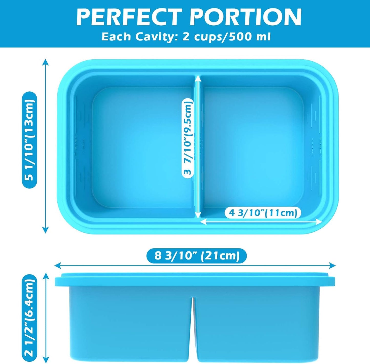 Silicone Freezer Container with Lid, Food Storage Container, 2 Cup Tray for Soup Sauce Meal Prep, BPA Free - Blue