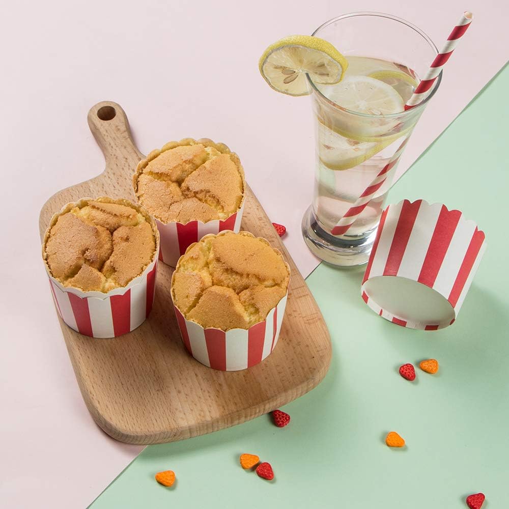 50pcs Full Size 6oz Paper Baking Cups Red Cupcake Liners Paper Snack Cups for Popcorn Cupcake Muffin Case Cupcake Bath Bomb, for Movie Party Decorations Set of 50 (Red Stripe)