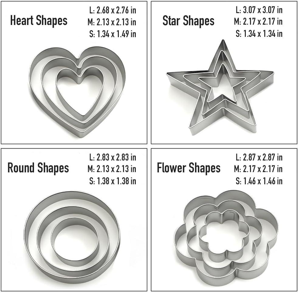 Cookie Cutters Set 12 Pieces, Stainless Steel 3 Heart Cookie Cutters, 3 Star Cookie Cutters, 3 Flower Cookie Cutters, 3 Round Cookie Cutters for Valentine's Day Christmas Holiday