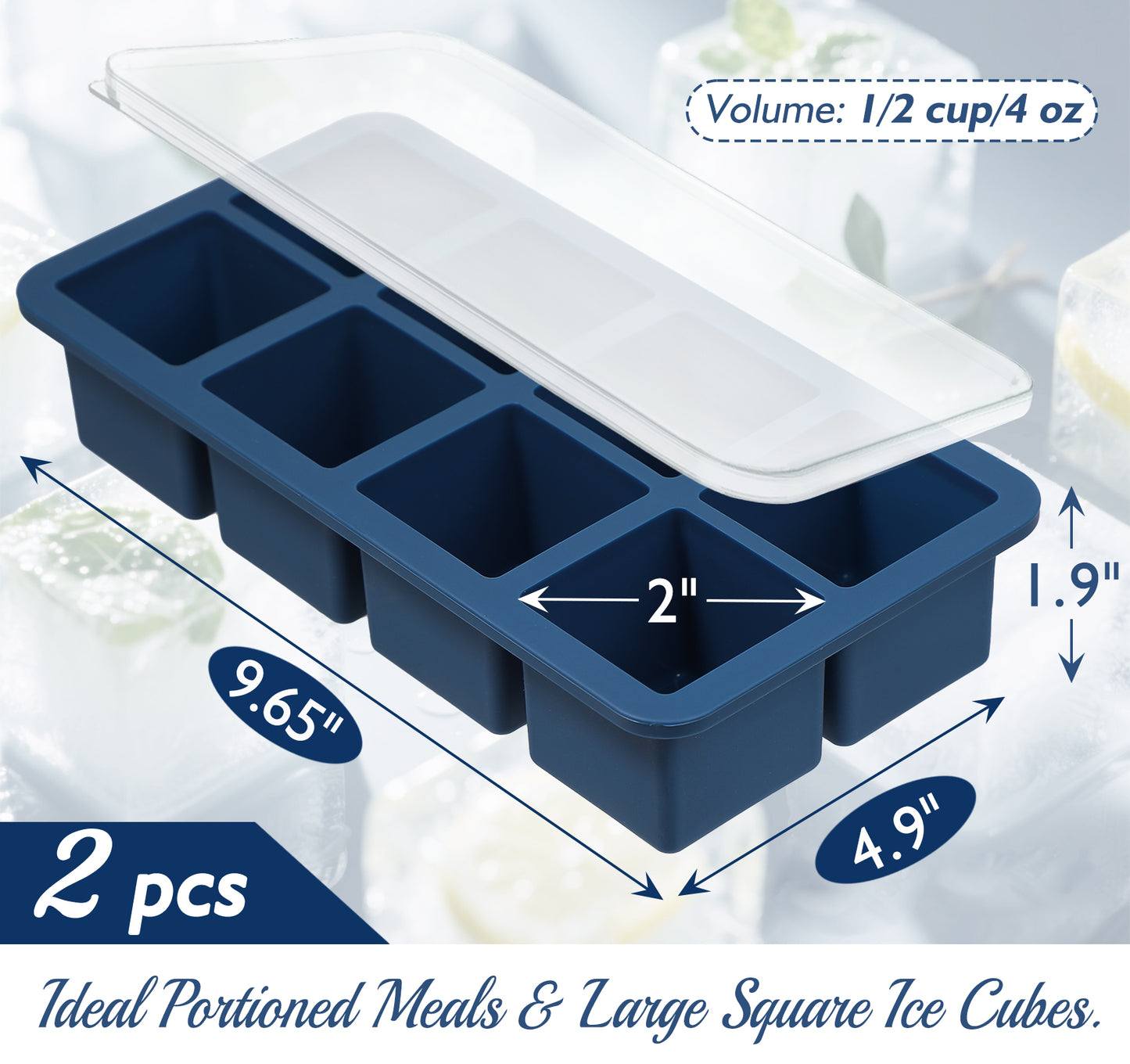Webake 1/2 Cup Silicone Freezer Tray with Lids, 8-Grid Square Ice Cube Mold, Ideal for Prep & Portion, Large Ice Cube, Storage Soup, Snack, Broth, Leftovers, Pack of 2