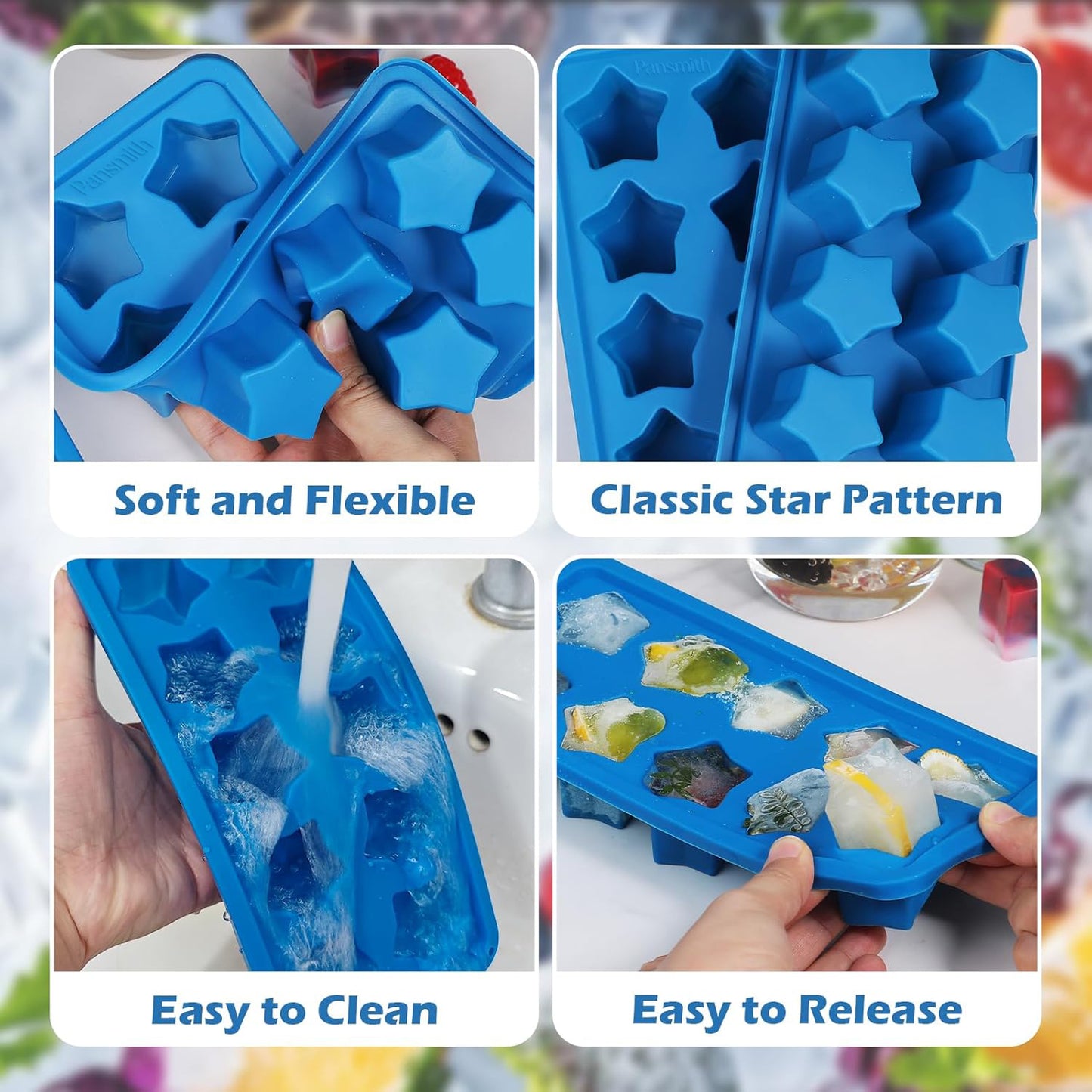 Silicone Ice Cube Trays Star Shaped Ice Cube Molds for Whiskey and Cocktails, Easy Release Jelly Crayon Mold Pack of 3 Blue