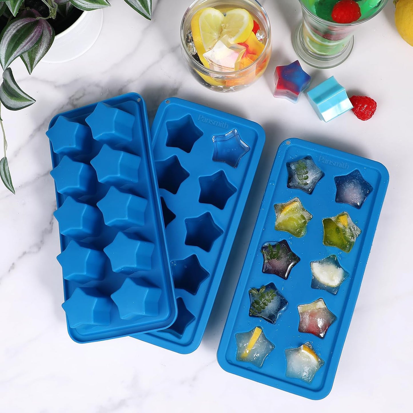 Silicone Ice Cube Trays Star Shaped Ice Cube Molds for Whiskey and Cocktails, Easy Release Jelly Crayon Mold Pack of 3 Blue