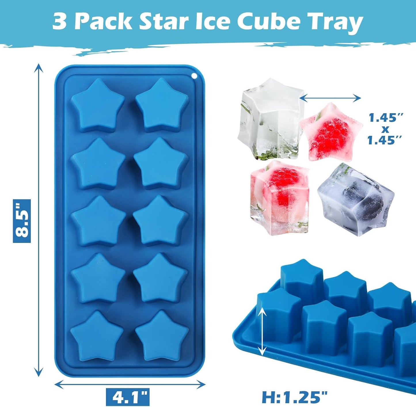 Silicone Ice Cube Trays Star Shaped Ice Cube Molds for Whiskey and Cocktails, Easy Release Jelly Crayon Mold Pack of 3 Blue