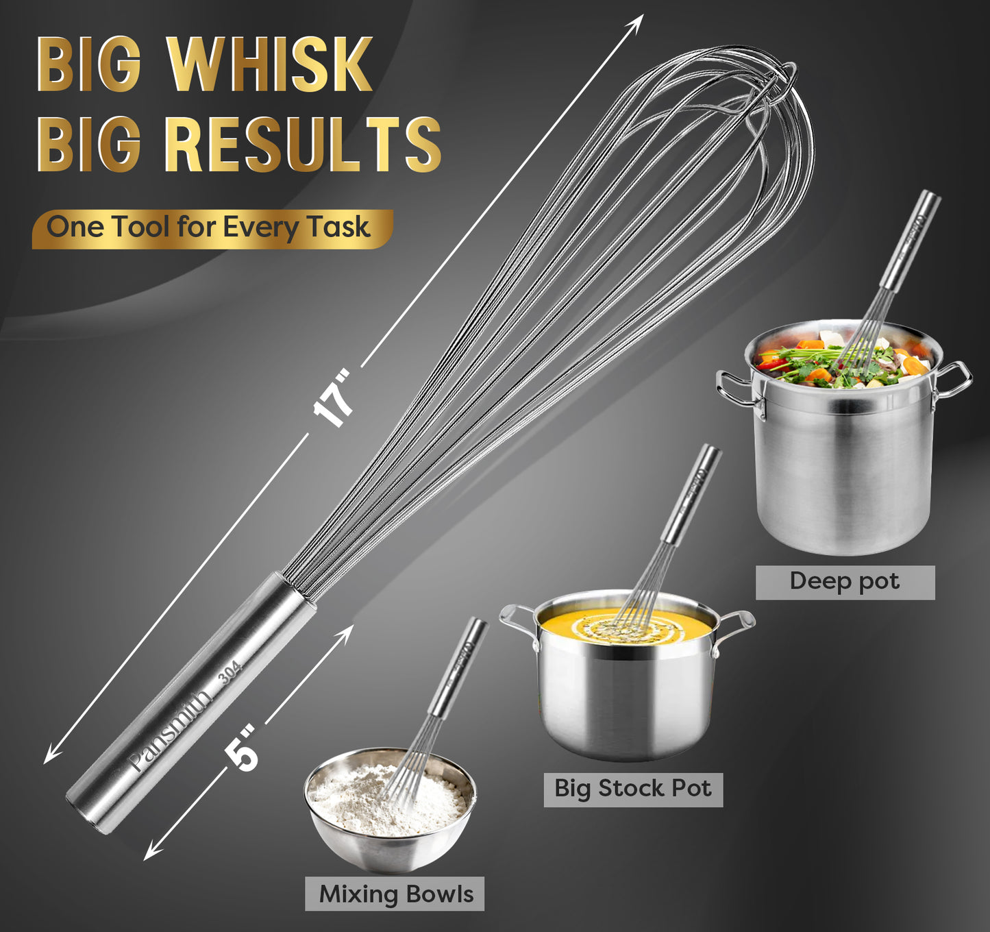 Commercial Whisk Heavy Duty 17in Large Whisk, 304 Stainless Steel Whisks for Mixing, Beating, Blending, Professional Kitchen Tools