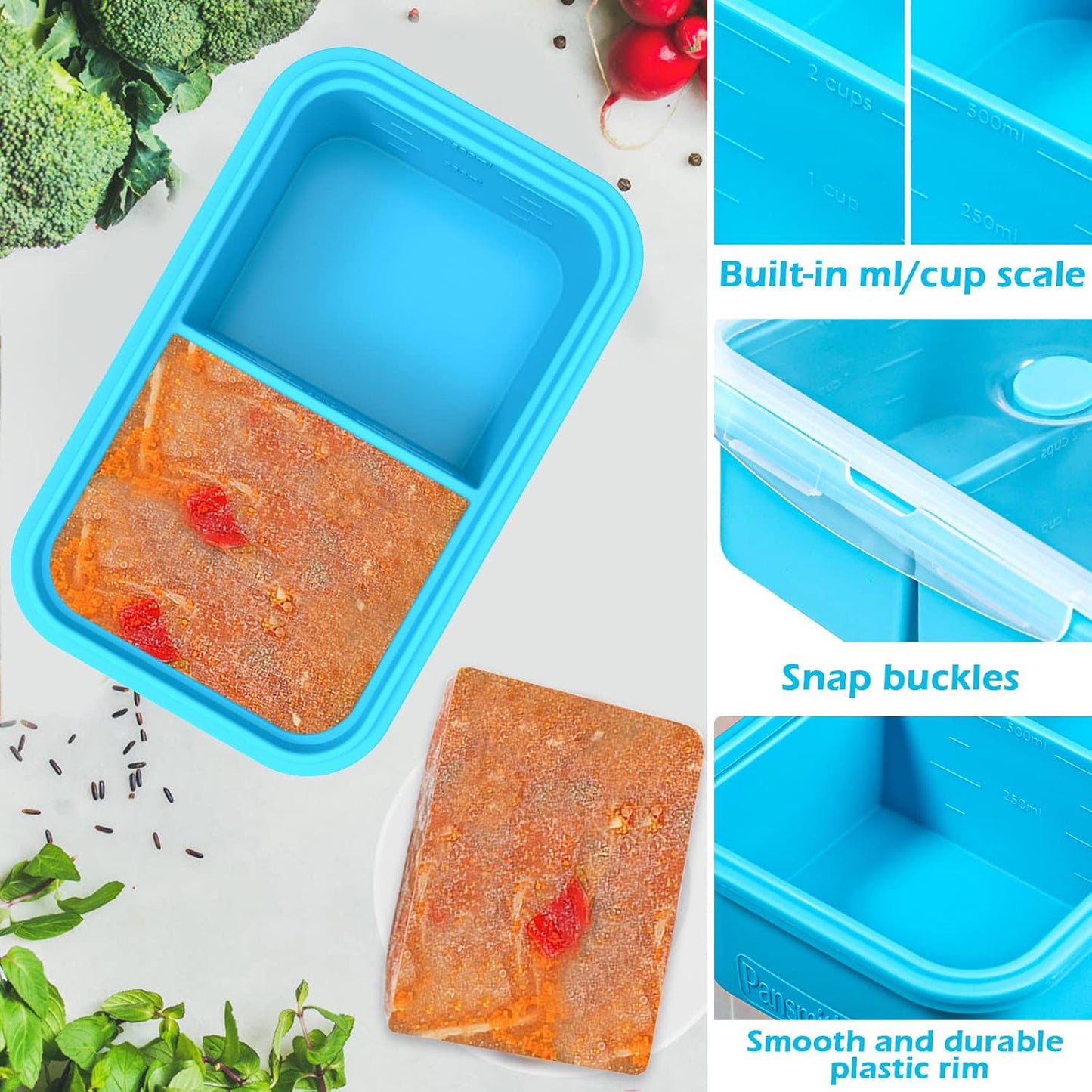 Silicone Freezer Container with Lid, Food Storage Container, 2 Cup Tray for Soup Sauce Meal Prep, BPA Free - Blue