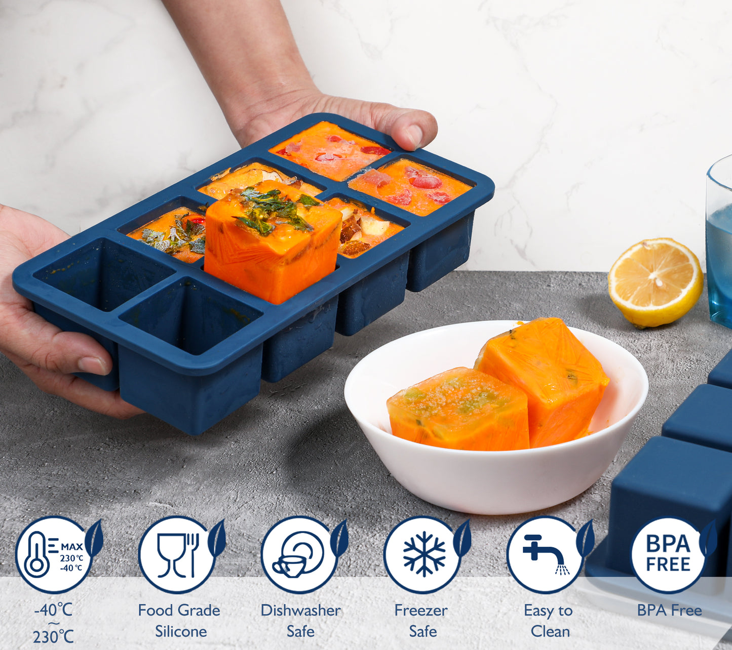 Webake 1/2 Cup Silicone Freezer Tray with Lids, 8-Grid Square Ice Cube Mold, Ideal for Prep & Portion, Large Ice Cube, Storage Soup, Snack, Broth, Leftovers, Pack of 2